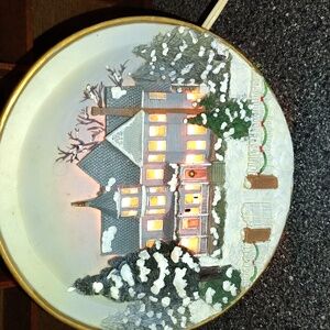 Vintage Illuminated Lighted 3D Plate of English Cottage & W/Christmas Trees